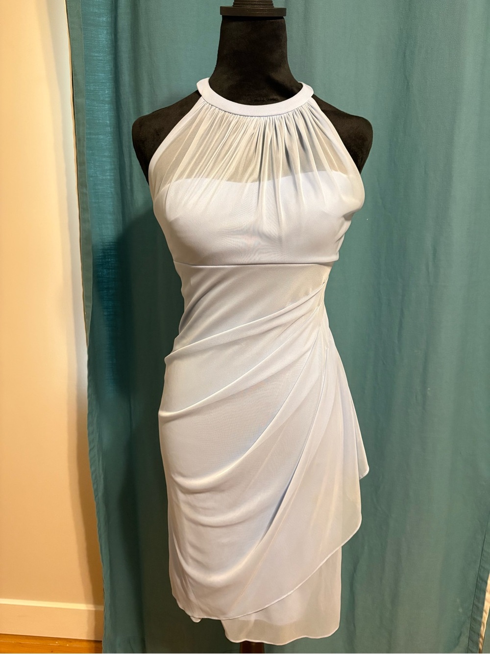 David's Bridal Light Blue One-Shoulder Illusion Halter Dress